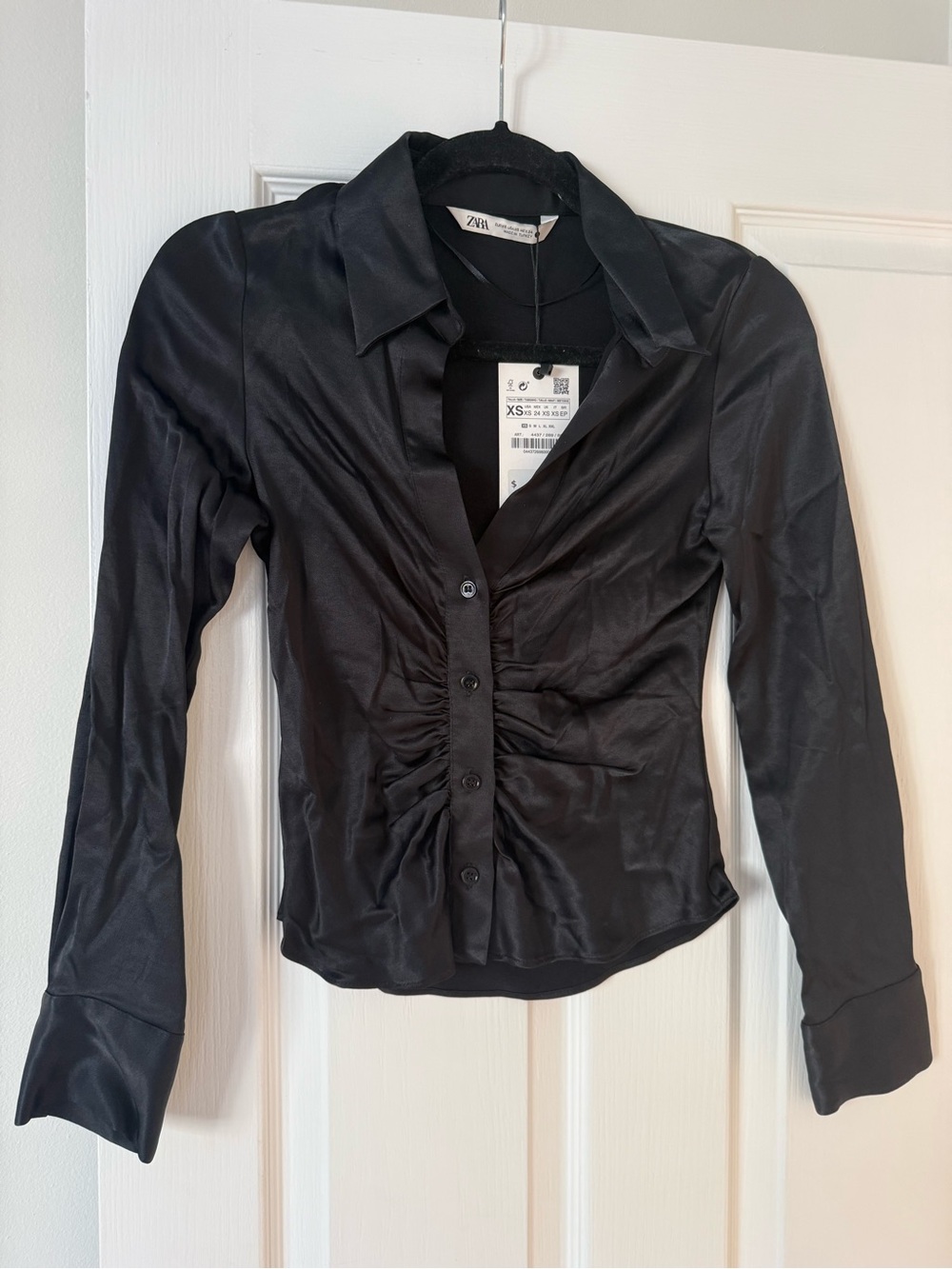 Zara Black Satin Ruched Button-Front Blouse